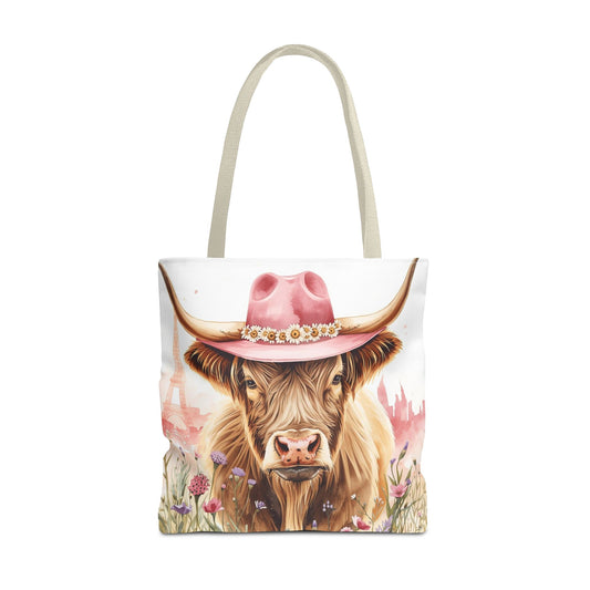 Parisian Highland Cow Whimsical Animal Art Cotton Canvas Tote Bag