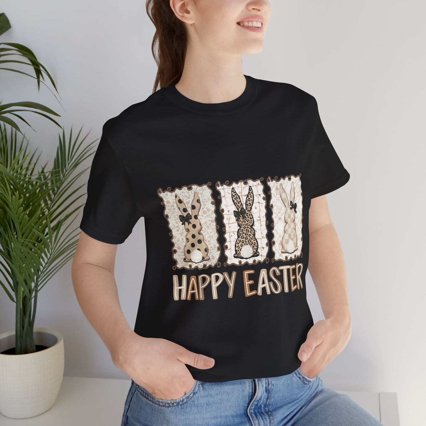 Vintage Patchwork Bunny Trio Happy Easter T-Shirt Neutral Farmhouse Spring Graphic Tee