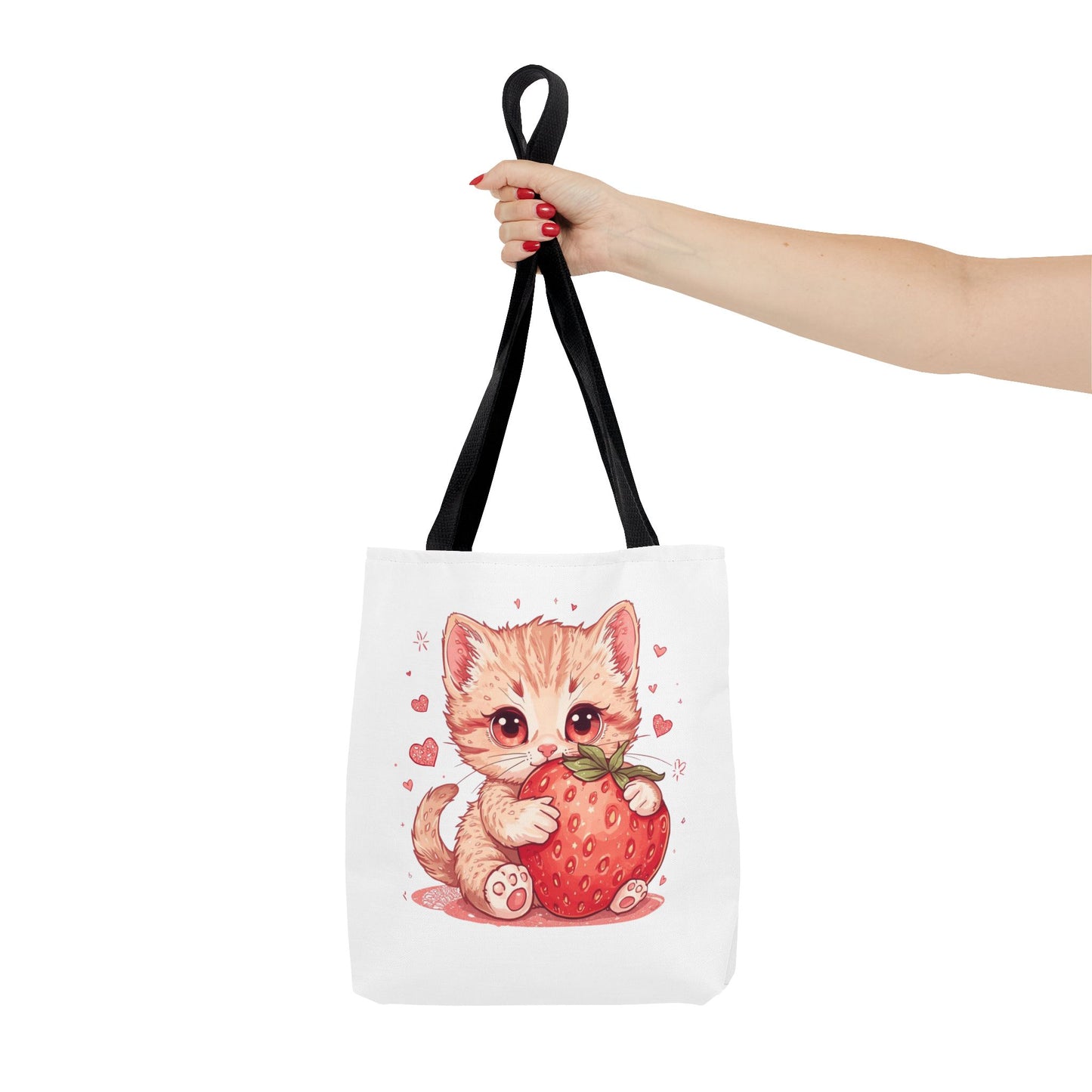Strawberry Sweet Kitten Whimsical Cat Art Cotton Canvas Tote Bag