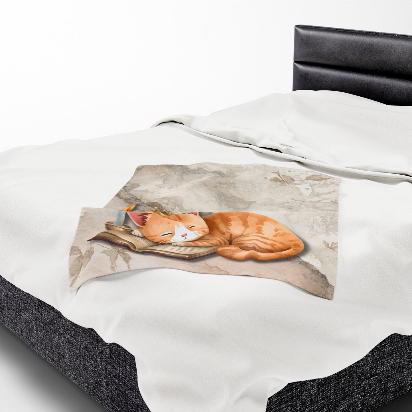 Once Upon a Nap Storybook Sleeping Cat Cozy Velveteen Blanket – Soft Neutral Cat Lover Home Decor Plush Throw