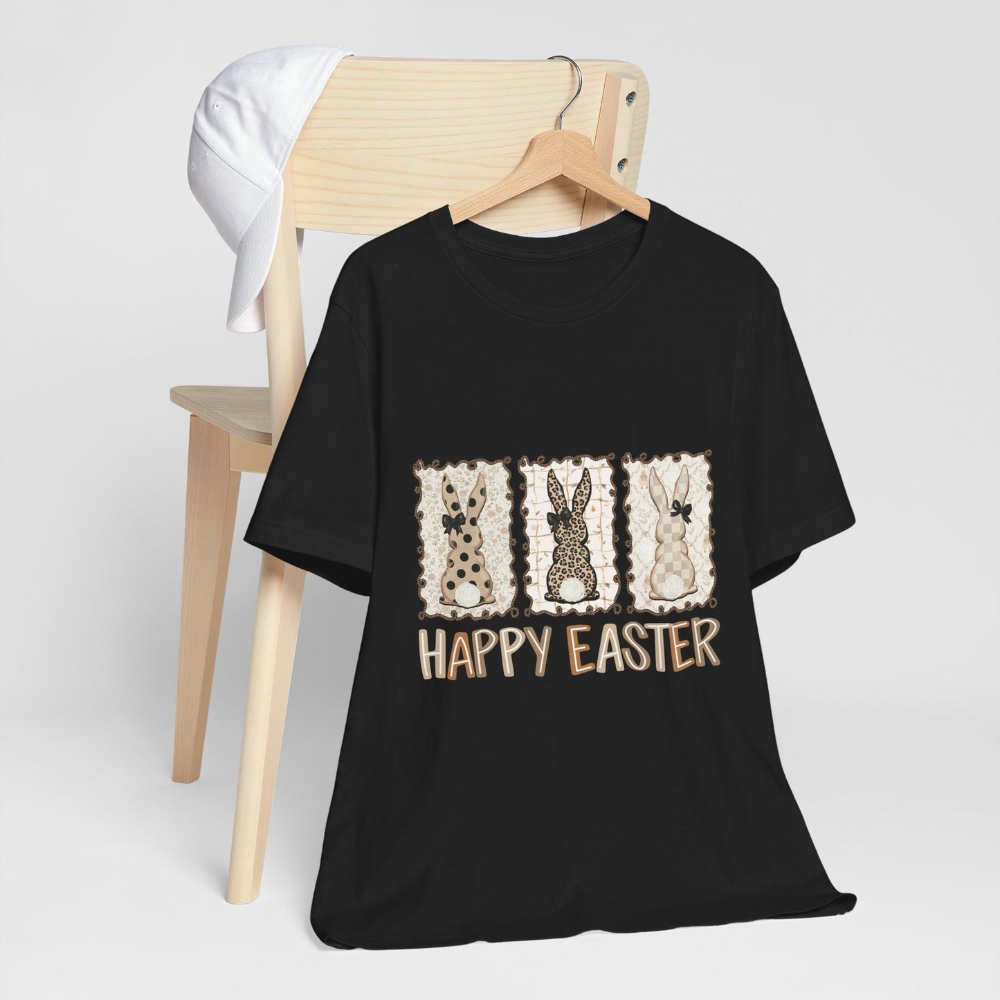 Vintage Patchwork Bunny Trio Happy Easter T-Shirt Neutral Farmhouse Spring Graphic Tee