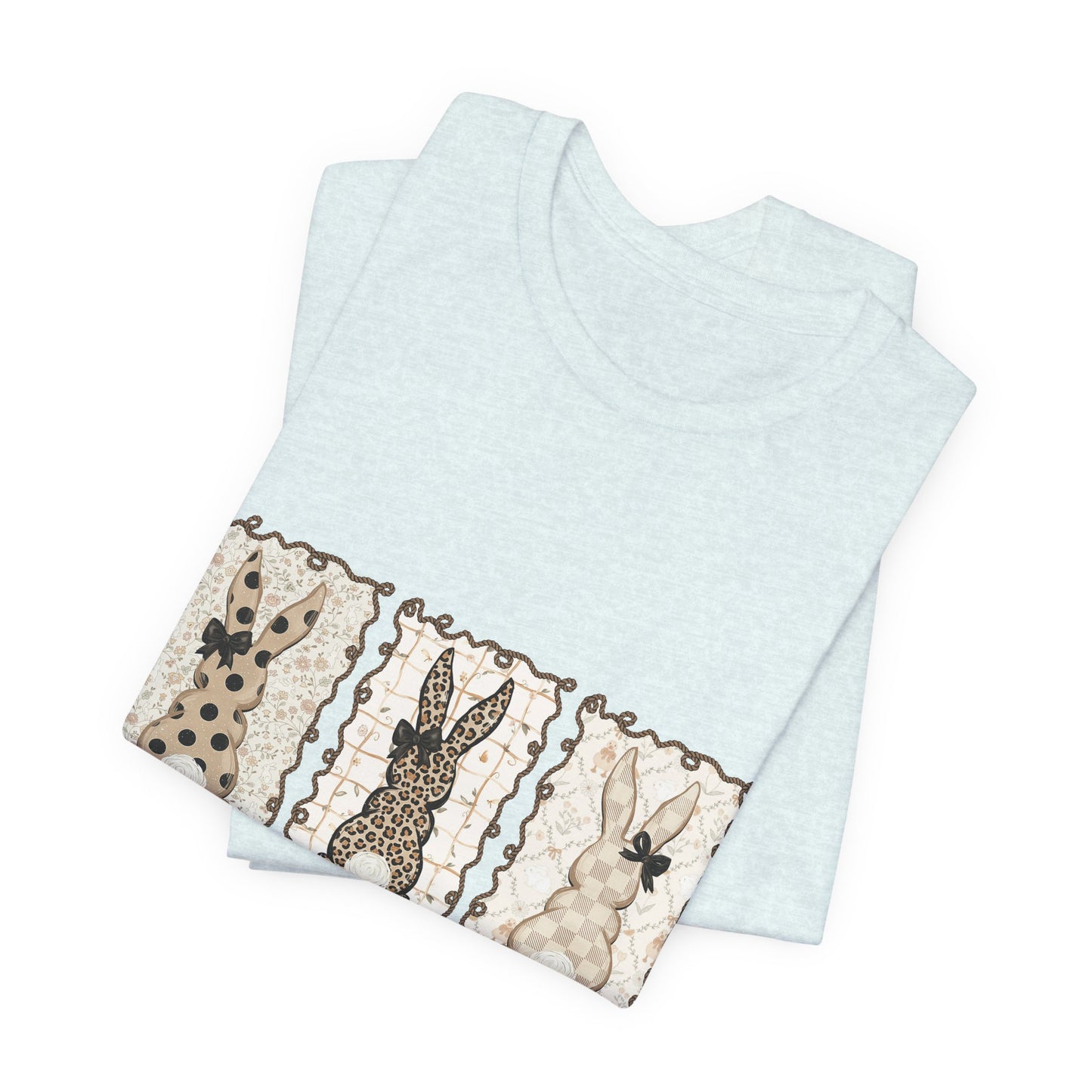 Vintage Patchwork Bunny Trio Happy Easter T-Shirt Neutral Farmhouse Spring Graphic Tee