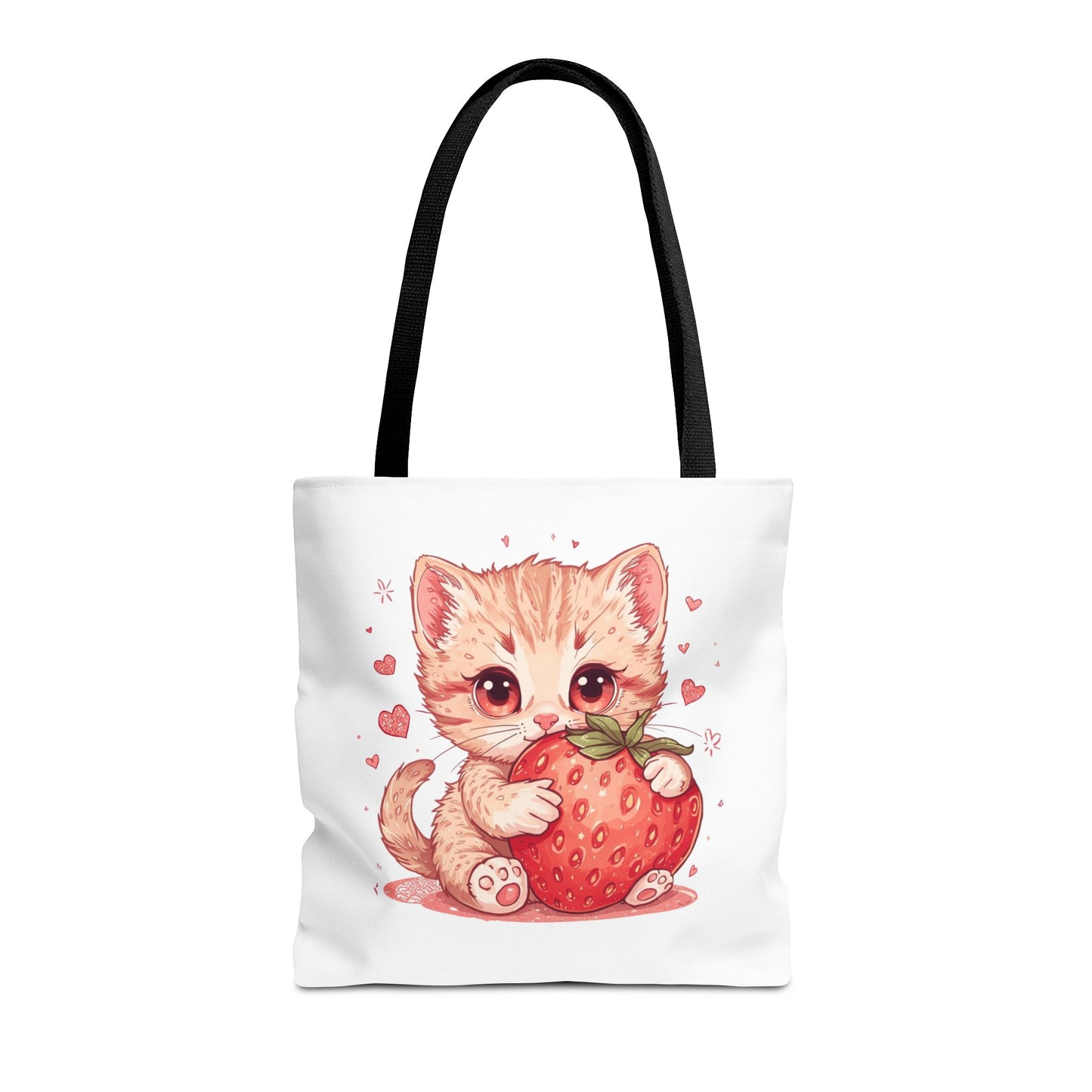 Strawberry Sweet Kitten Whimsical Cat Art Cotton Canvas Tote Bag