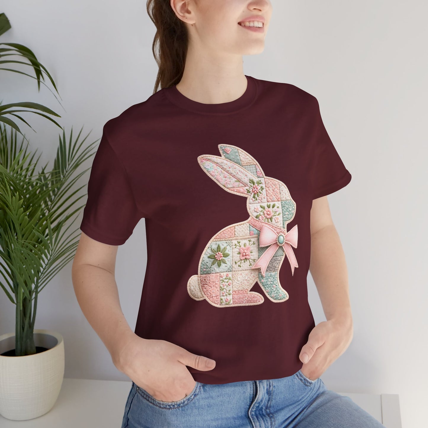 Pastel Patchwork Bunny with Satin Bow Spring Design Easter T-shirt