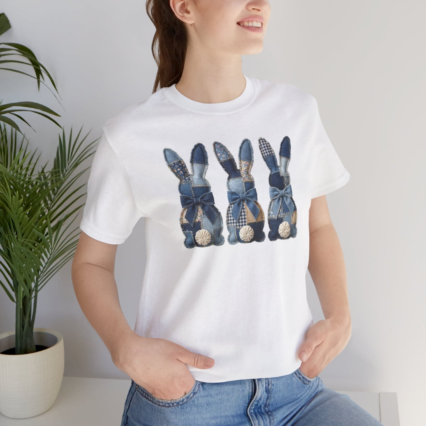 Denim Patch Easter Bunny Trio Rustic Spring Design T-shirt