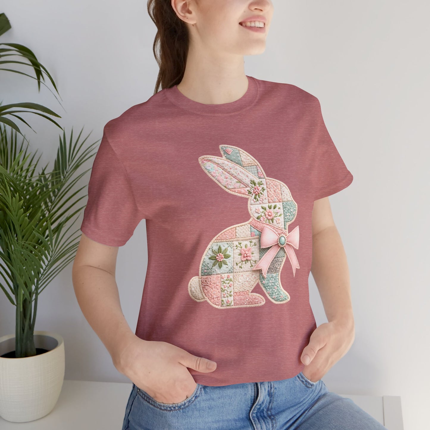 Pastel Patchwork Bunny with Satin Bow Spring Design Easter T-shirt