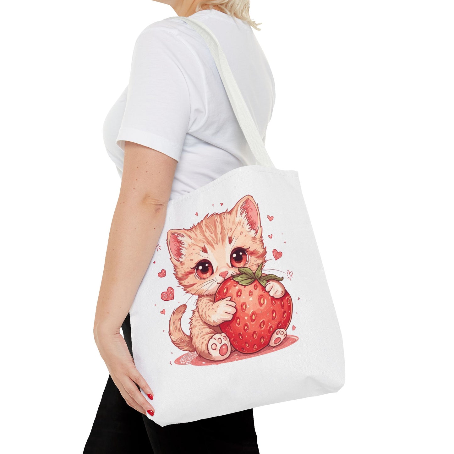 Strawberry Sweet Kitten Whimsical Cat Art Cotton Canvas Tote Bag