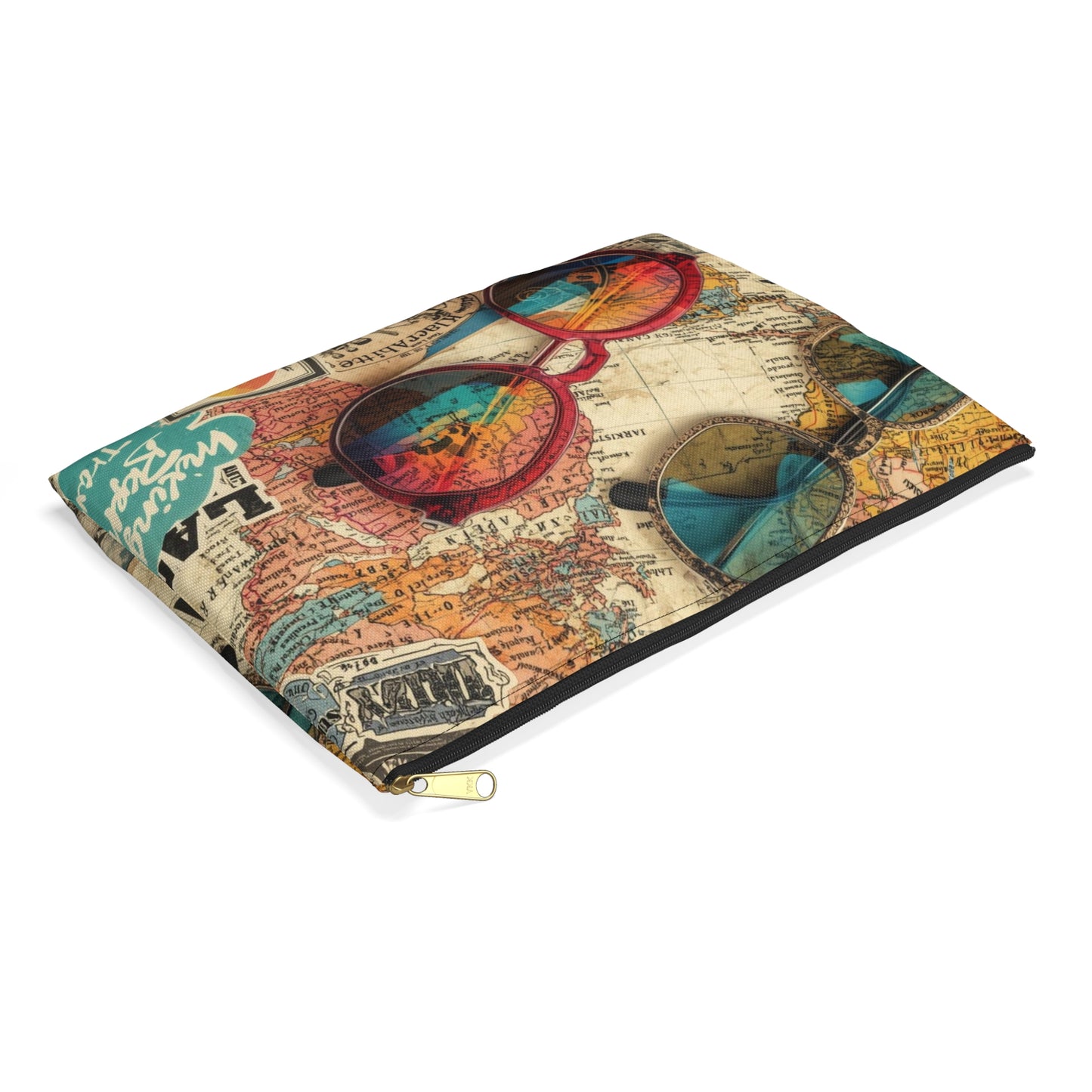 Retro Map & Sunglasses Adventure Travel & Passport Pouch