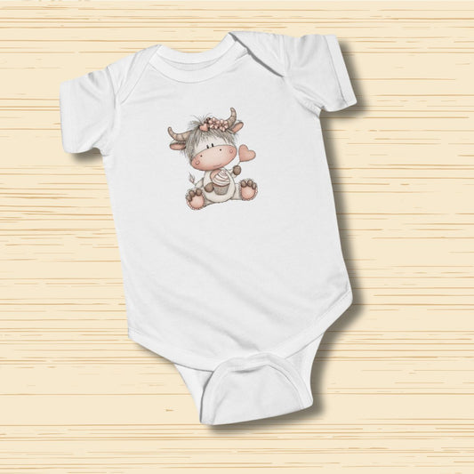 Little Highland Cow Baby Bodysuit Soft Neutral Farm Animal Design Onesie