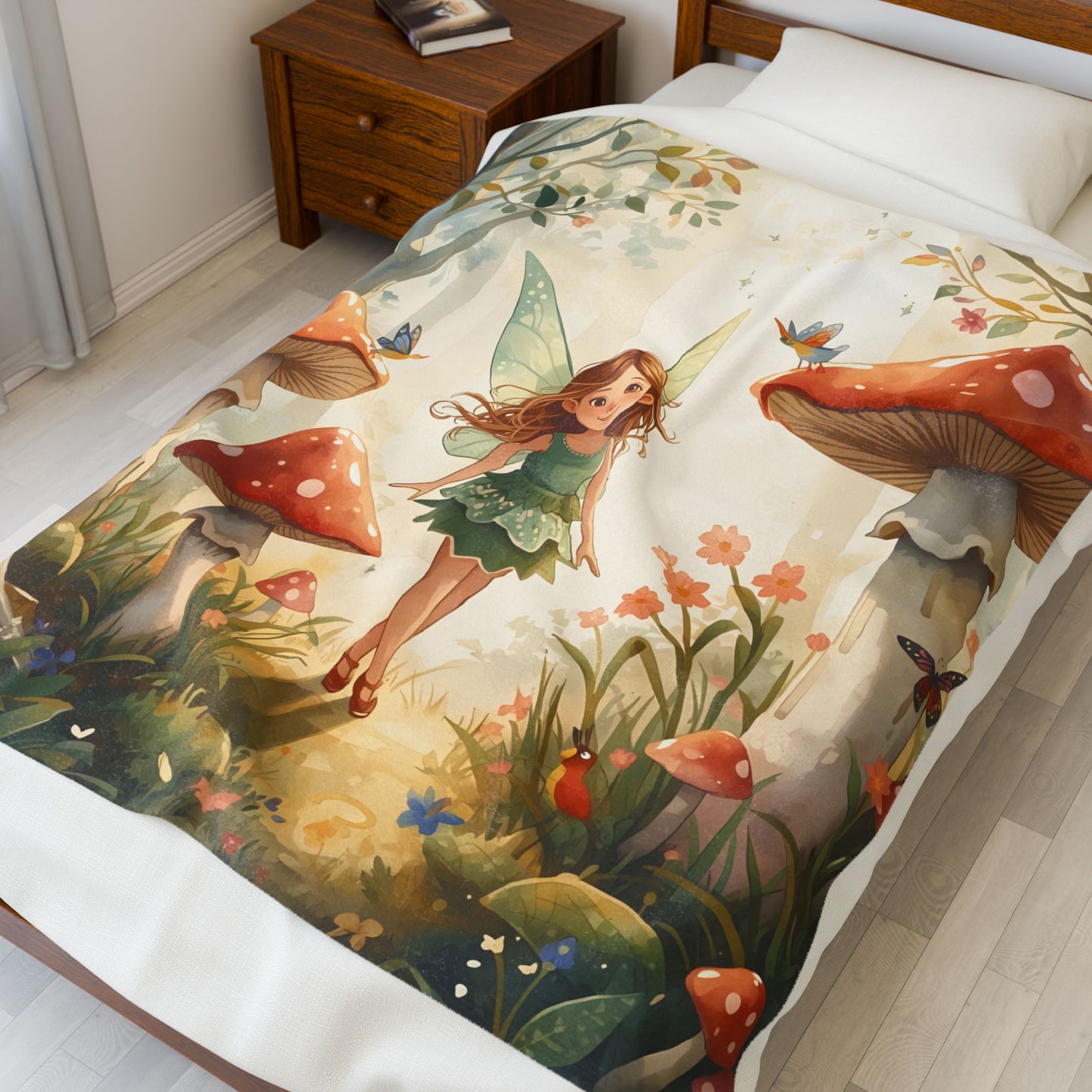 Woodland Fairy Forest Blanket Gentle Storybook Fairy & Mushroom Garden - Whimsical Throw for Kids & Cozy Decor