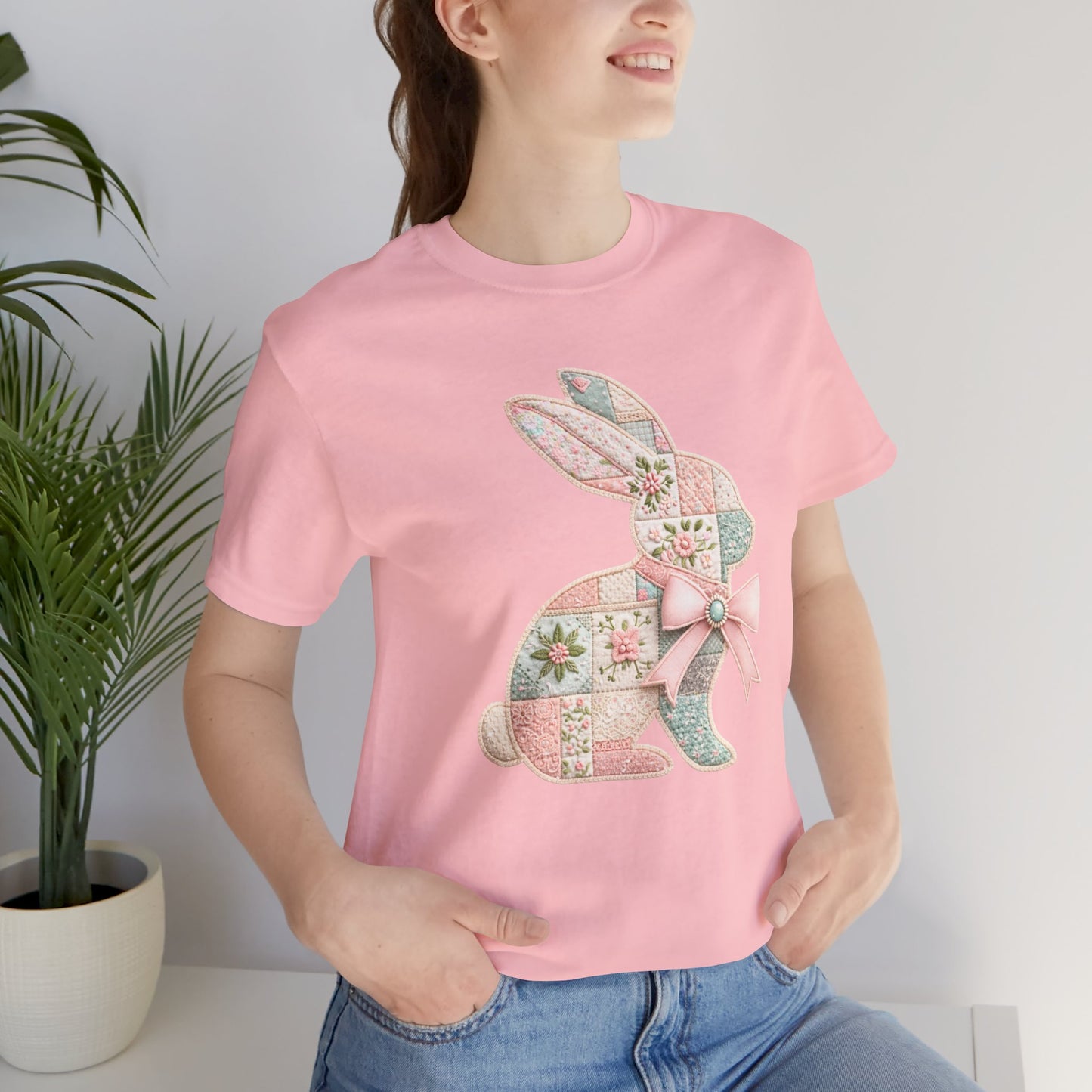 Pastel Patchwork Bunny with Satin Bow Spring Design Easter T-shirt