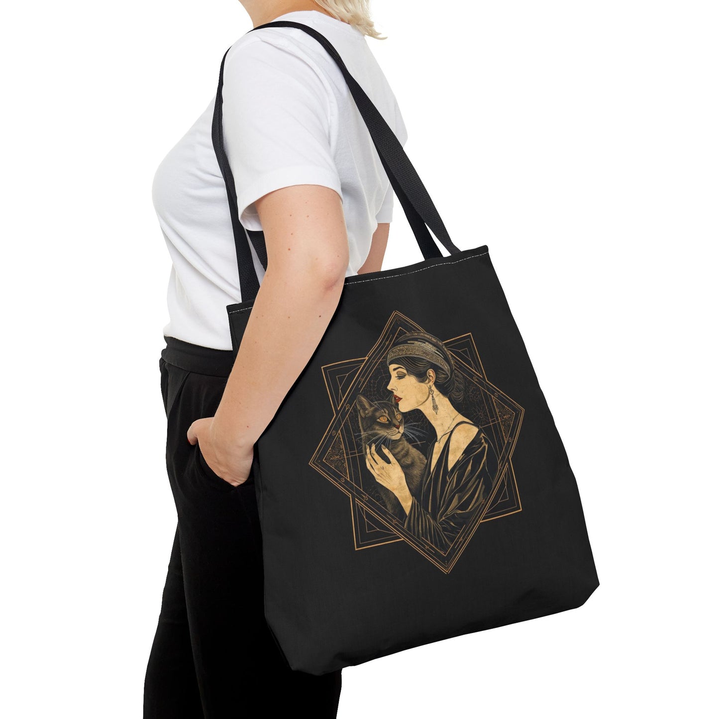 Art Deco Muse & Cat Elegant Vintage Style Cotton Canvas Tote Bag