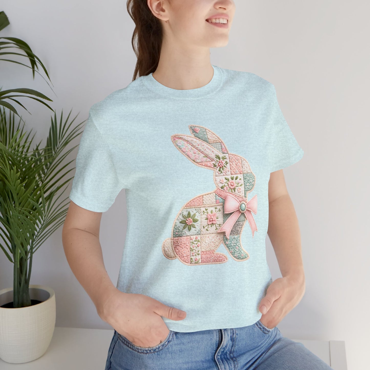 Pastel Patchwork Bunny with Satin Bow Spring Design Easter T-shirt