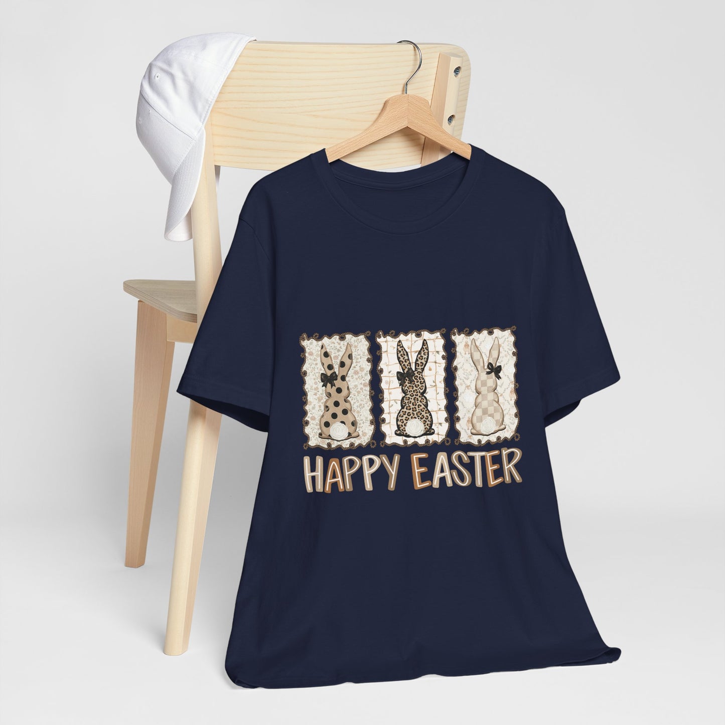 Vintage Patchwork Bunny Trio Happy Easter T-Shirt Neutral Farmhouse Spring Graphic Tee