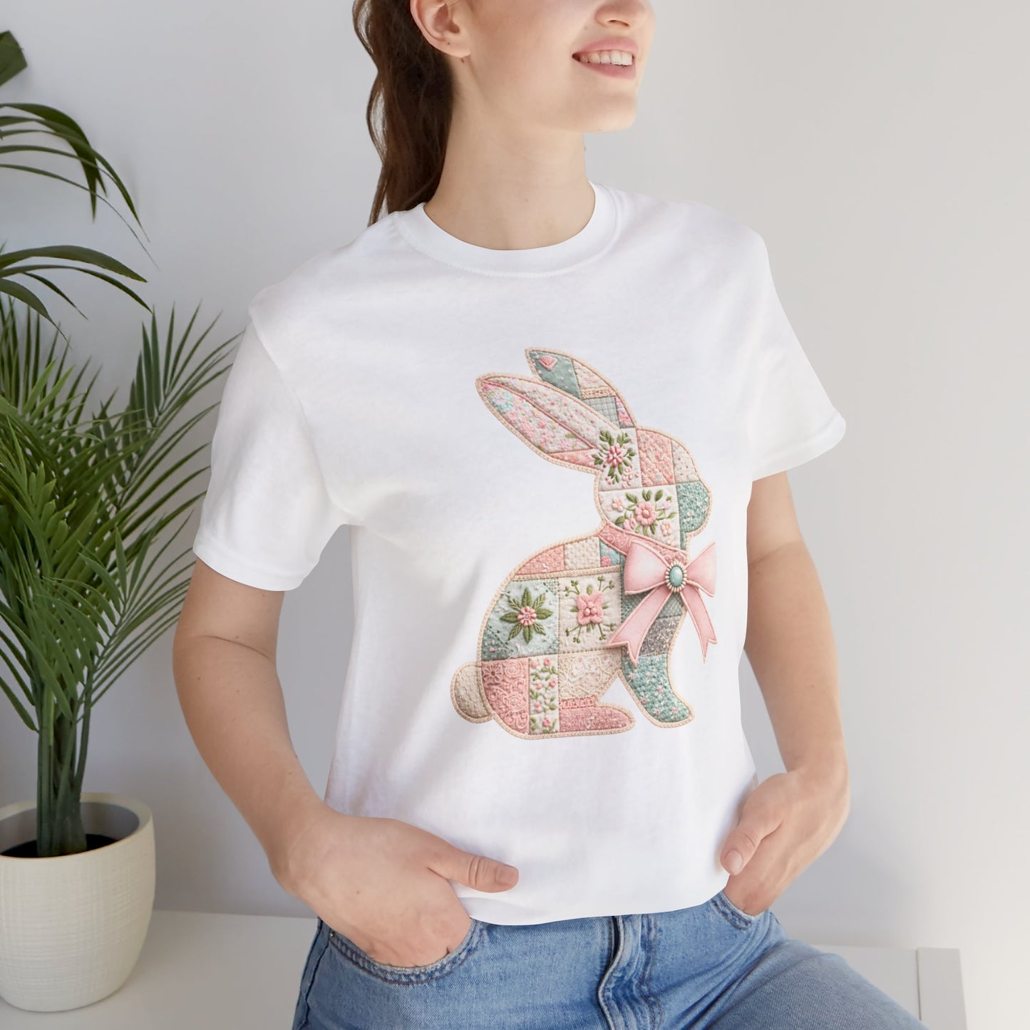 Pastel Patchwork Bunny with Satin Bow Spring Design Easter T-shirt