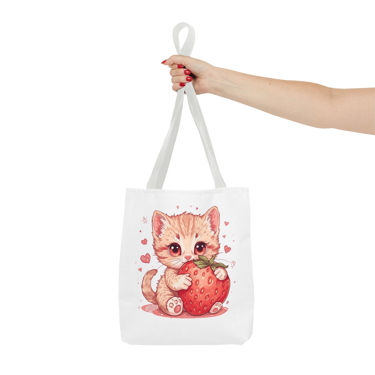Strawberry Sweet Kitten Whimsical Cat Art Cotton Canvas Tote Bag