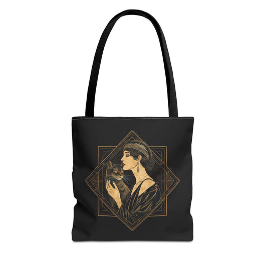 Art Deco Muse & Cat Elegant Vintage Style Cotton Canvas Tote Bag