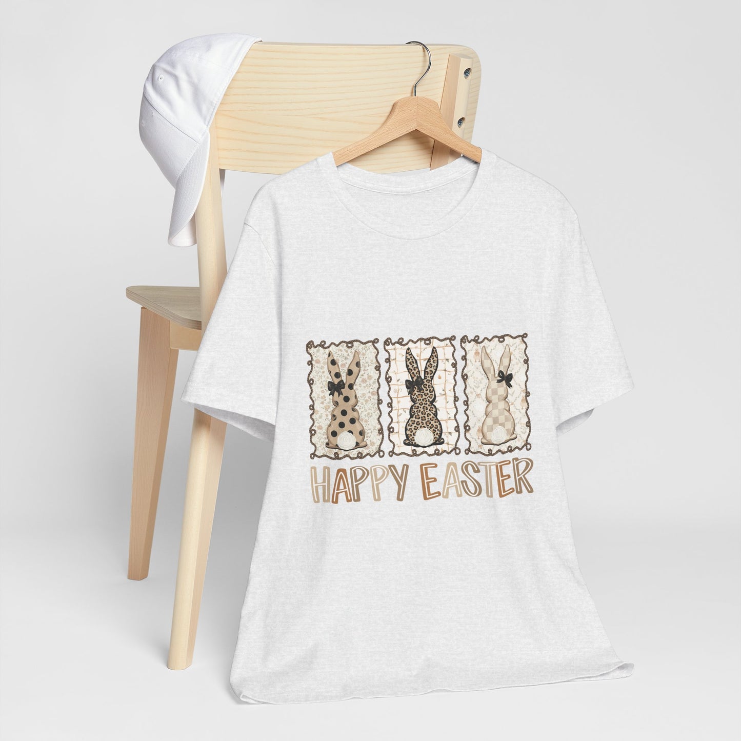 Vintage Patchwork Bunny Trio Happy Easter T-Shirt Neutral Farmhouse Spring Graphic Tee