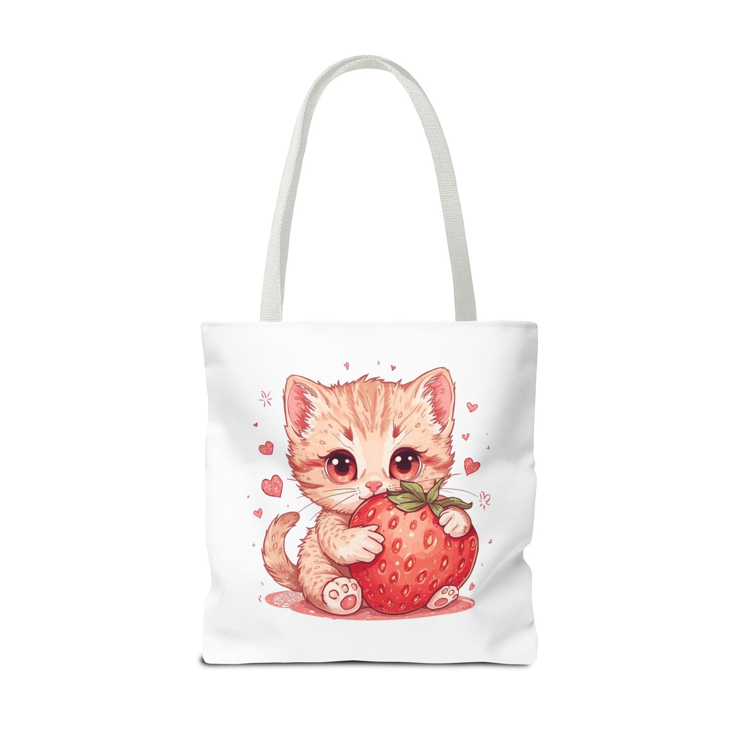 Strawberry Sweet Kitten Whimsical Cat Art Cotton Canvas Tote Bag