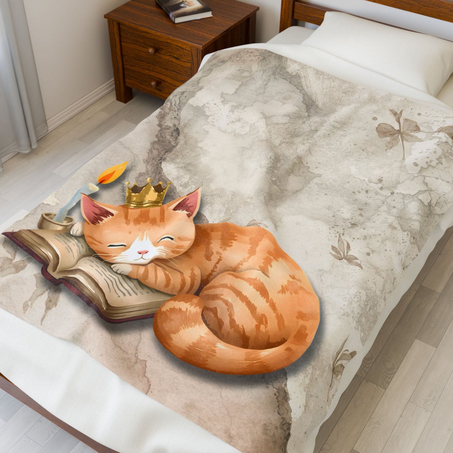 Once Upon a Nap Storybook Sleeping Cat Cozy Velveteen Blanket – Soft Neutral Cat Lover Home Decor Plush Throw