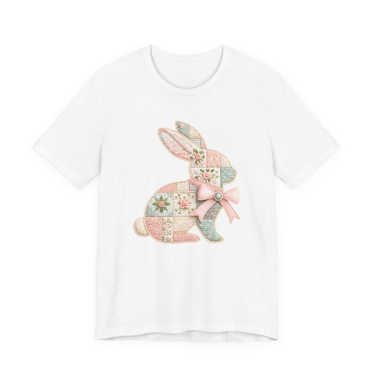 Pastel Patchwork Bunny with Satin Bow Spring Design Easter T-shirt