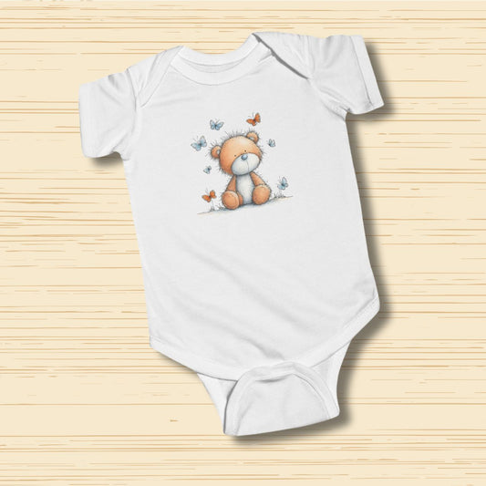 Baby Teddy & Butterflies Bodysuit Gentle Storybook Animal Design Onesie