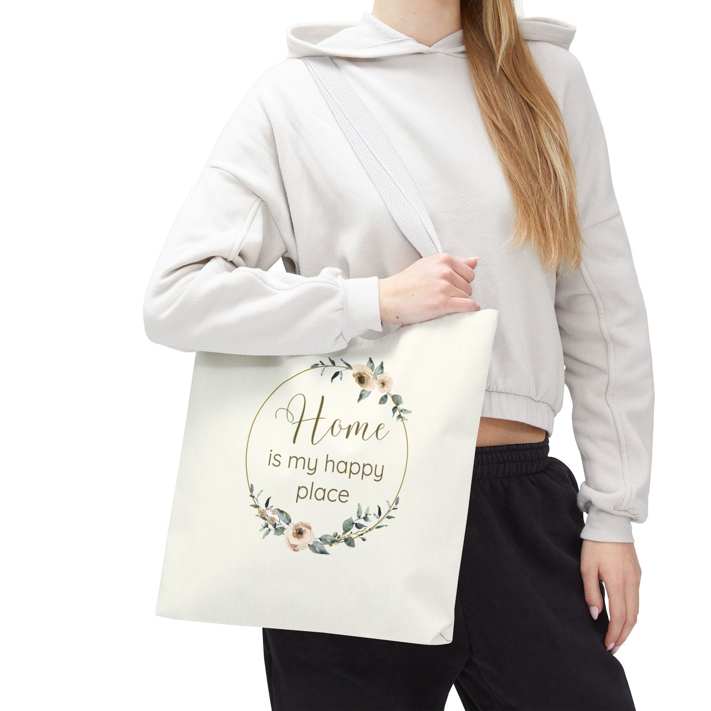 Home Is My Happy Place - Soft Floral Neutral Cotton Canvas Tote Bag