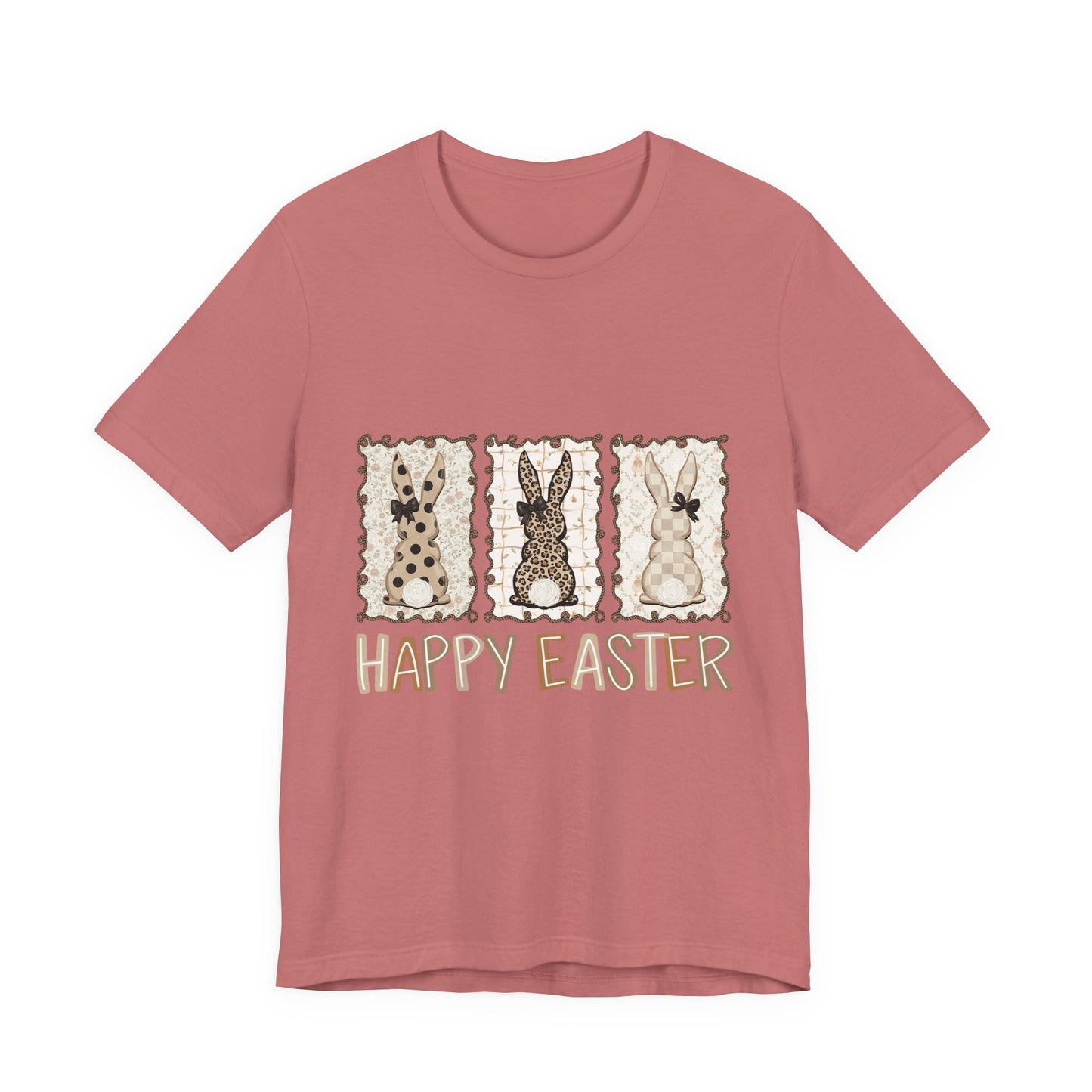 Vintage Patchwork Bunny Trio Happy Easter T-Shirt Neutral Farmhouse Spring Graphic Tee
