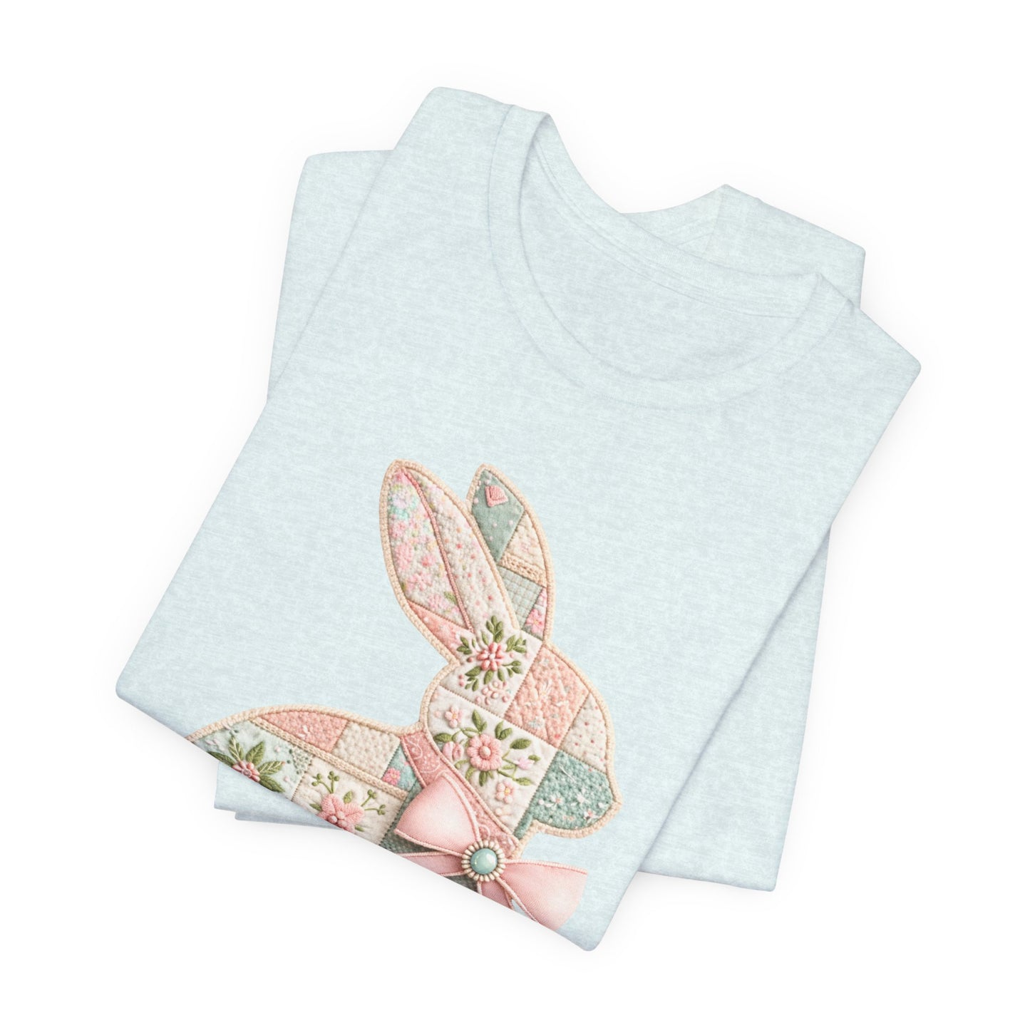 Pastel Patchwork Bunny with Satin Bow Spring Design Easter T-shirt