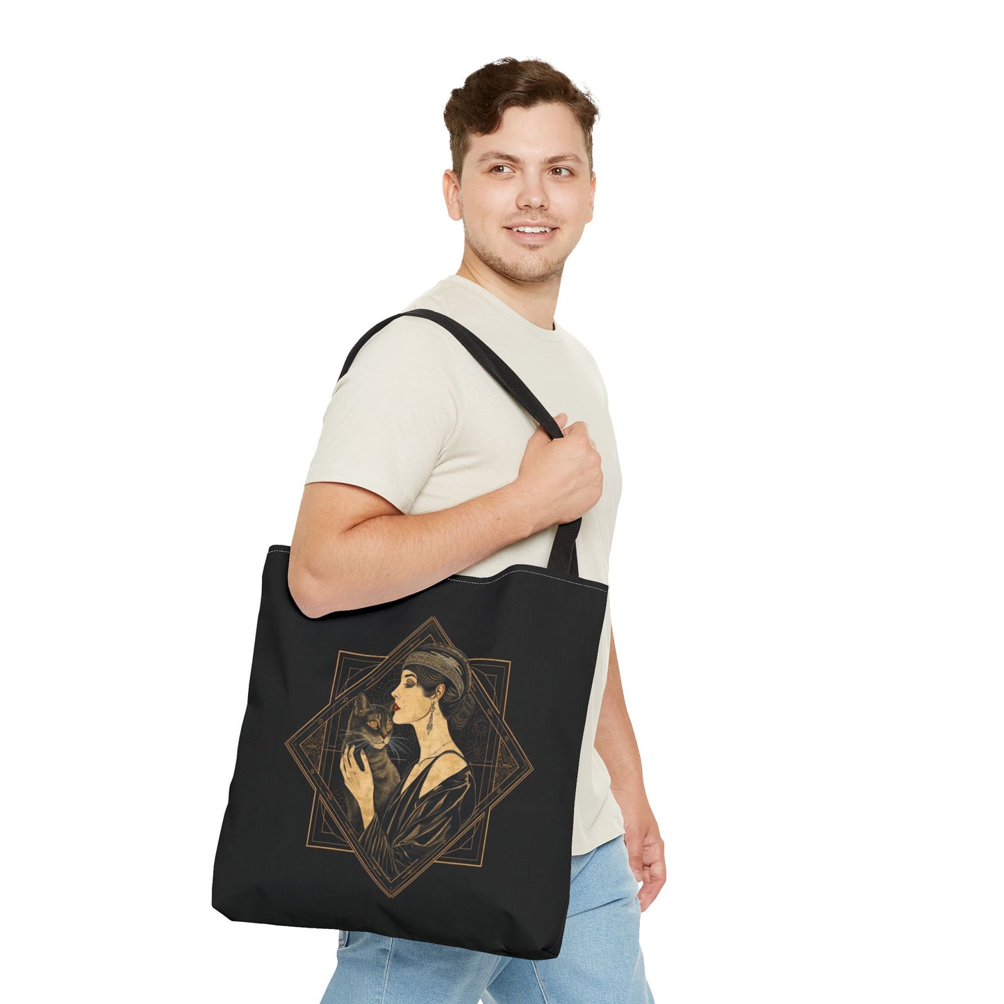 Art Deco Muse & Cat Elegant Vintage Style Cotton Canvas Tote Bag