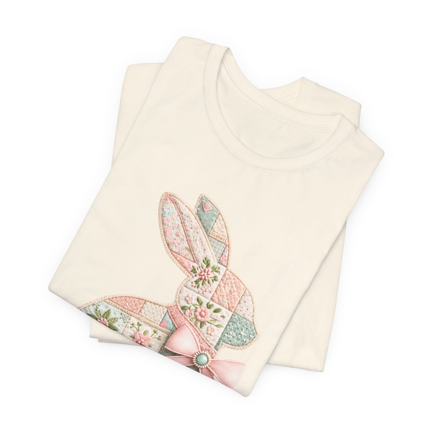 Pastel Patchwork Bunny with Satin Bow Spring Design Easter T-shirt