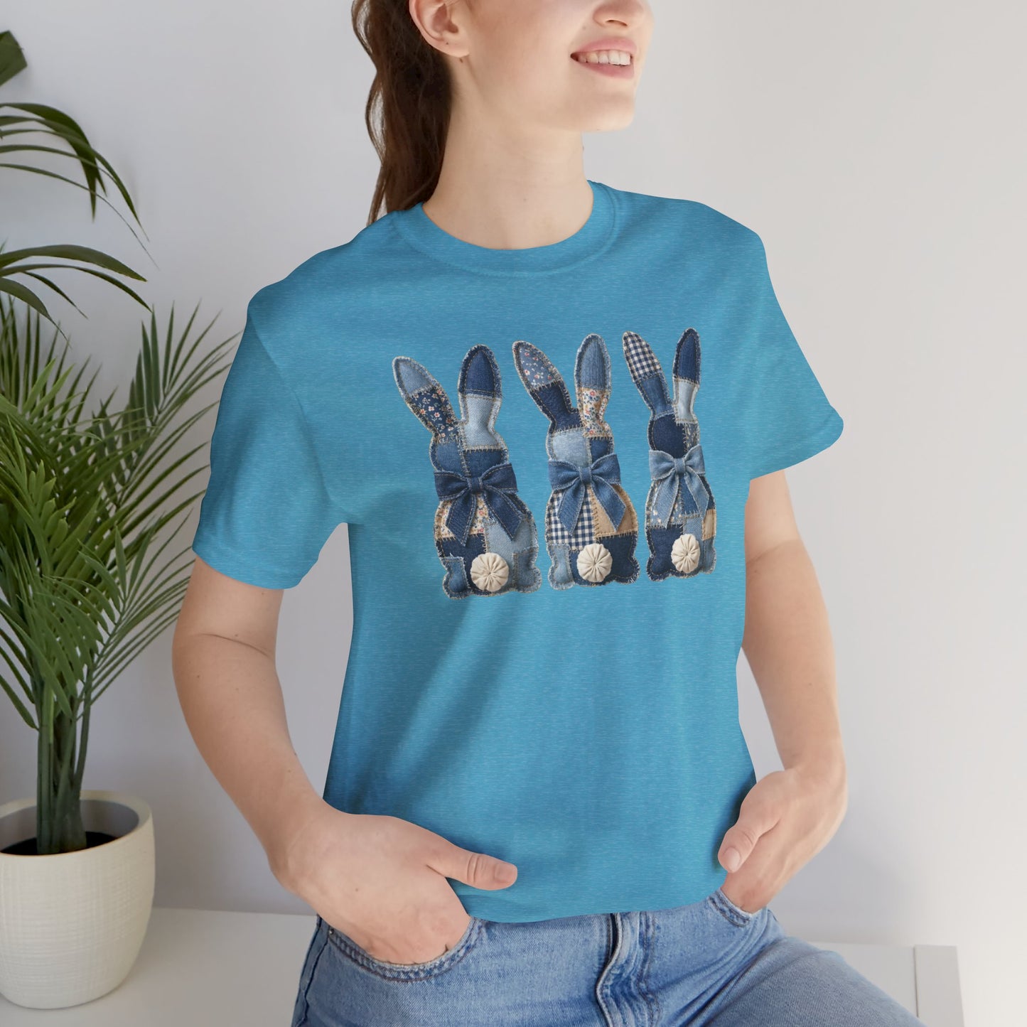 Denim Patch Easter Bunny Trio Rustic Spring Design T-shirt