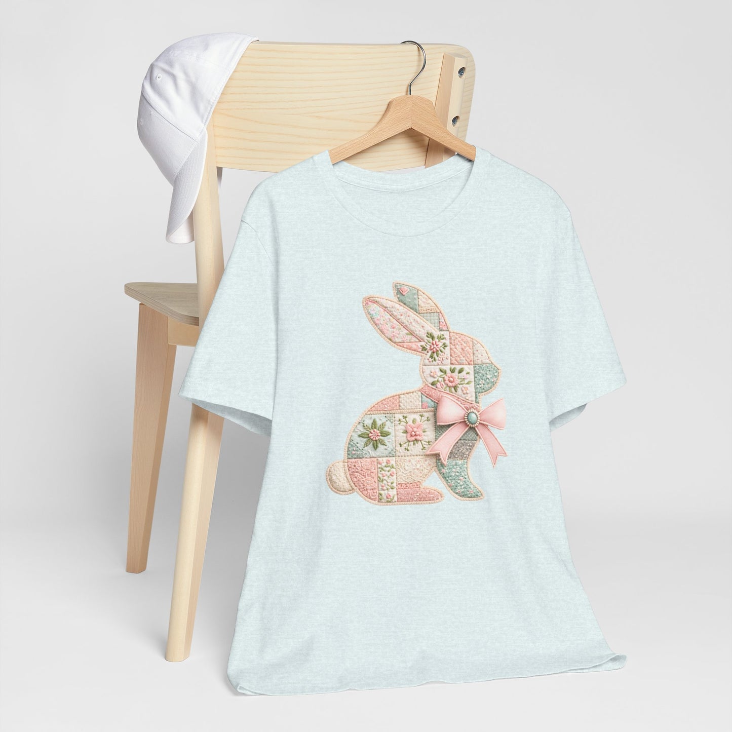 Pastel Patchwork Bunny with Satin Bow Spring Design Easter T-shirt
