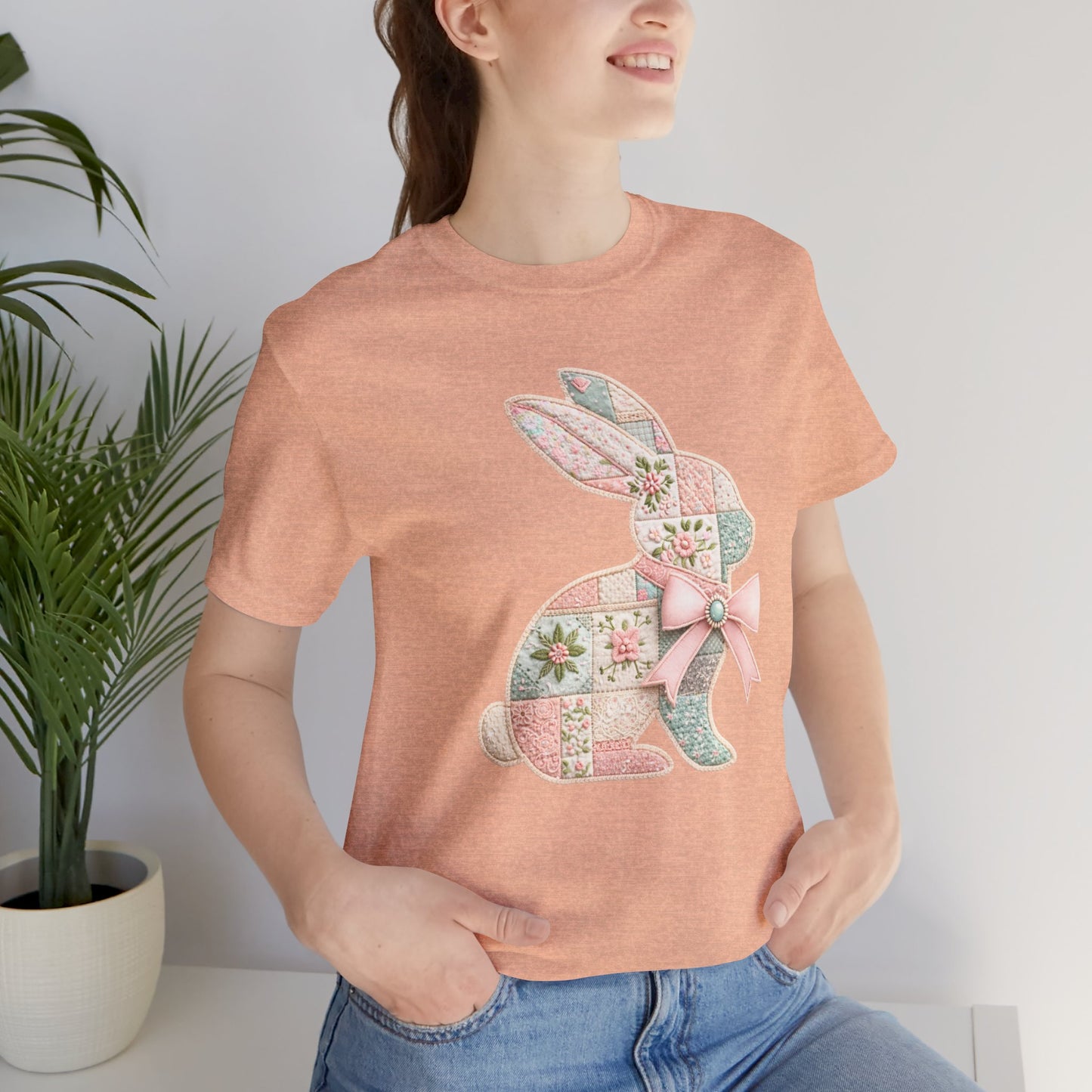 Pastel Patchwork Bunny with Satin Bow Spring Design Easter T-shirt