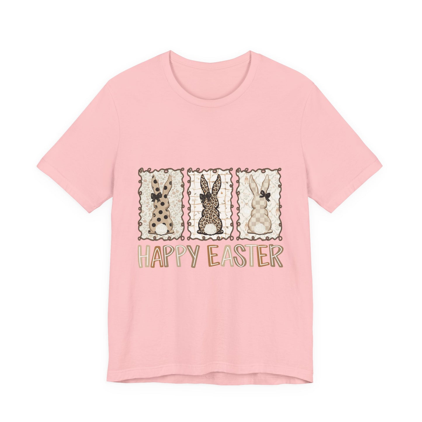 Vintage Patchwork Bunny Trio Happy Easter T-Shirt Neutral Farmhouse Spring Graphic Tee
