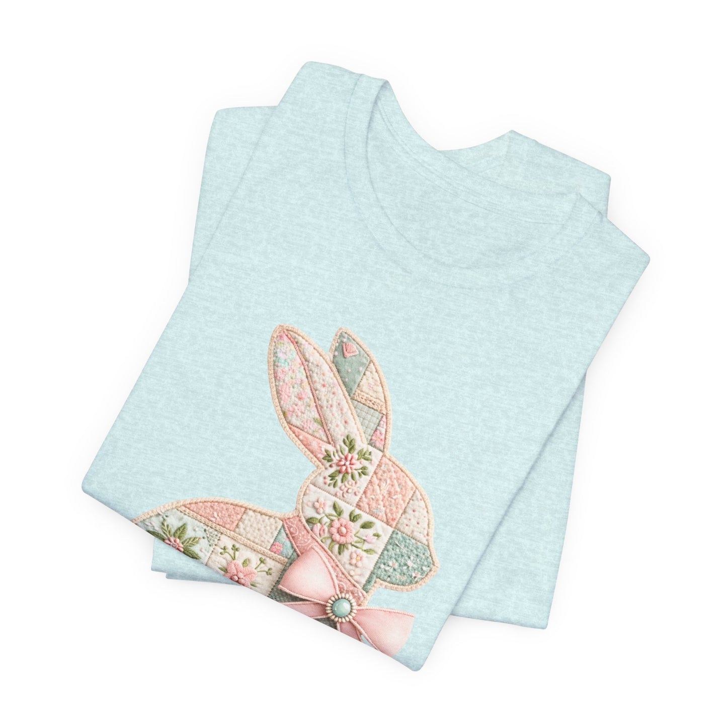 Pastel Patchwork Bunny with Satin Bow Spring Design Easter T-shirt