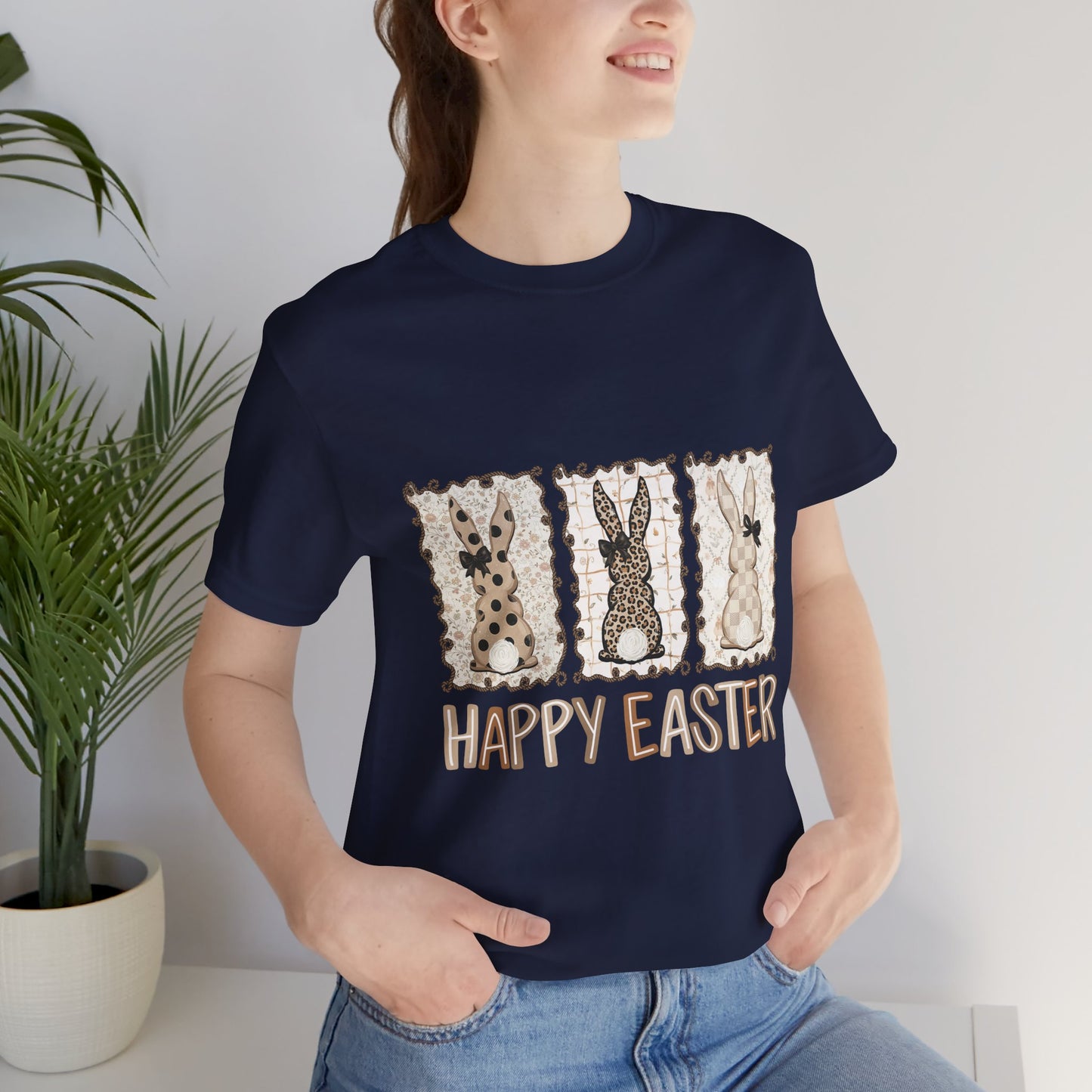 Vintage Patchwork Bunny Trio Happy Easter T-Shirt Neutral Farmhouse Spring Graphic Tee