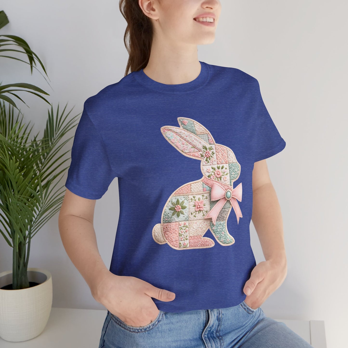 Pastel Patchwork Bunny with Satin Bow Spring Design Easter T-shirt