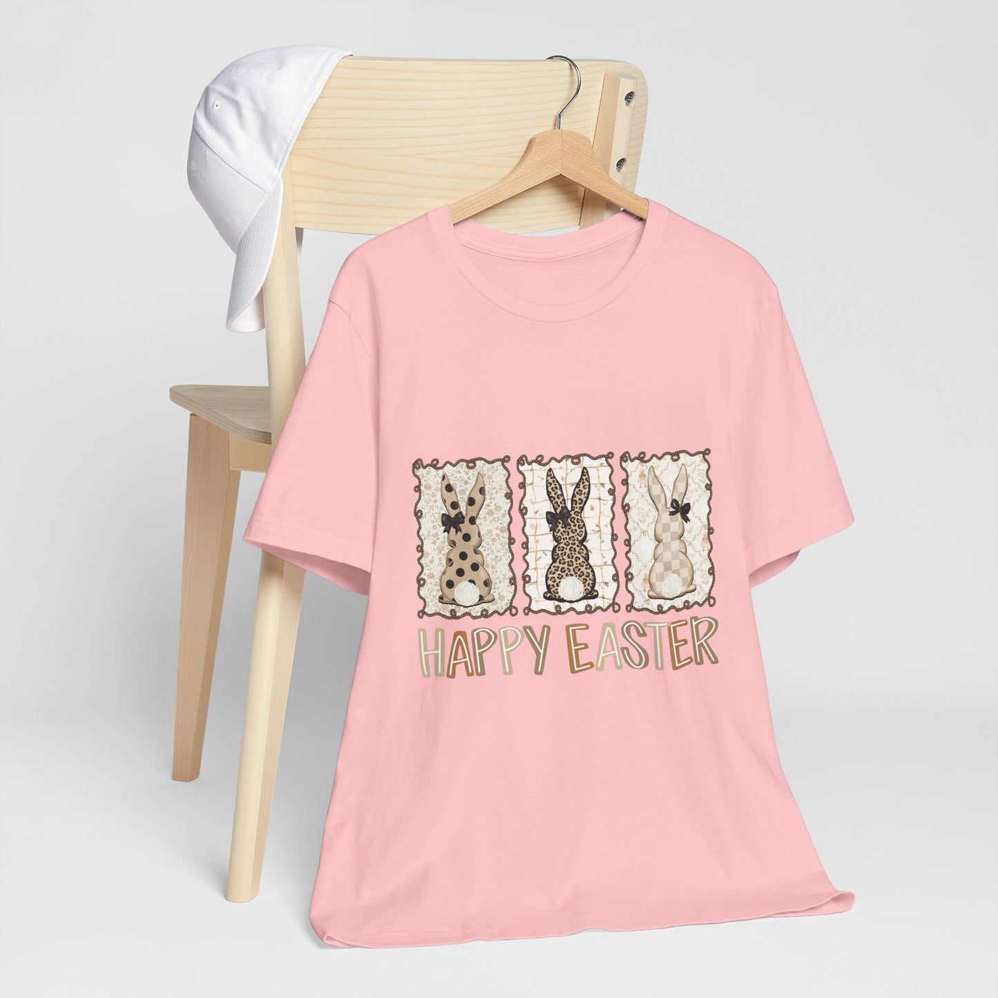 Vintage Patchwork Bunny Trio Happy Easter T-Shirt Neutral Farmhouse Spring Graphic Tee