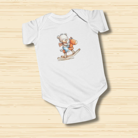 Teddy Baby on Rocking Horse Bodysuit Classic Vintage Design Onesie