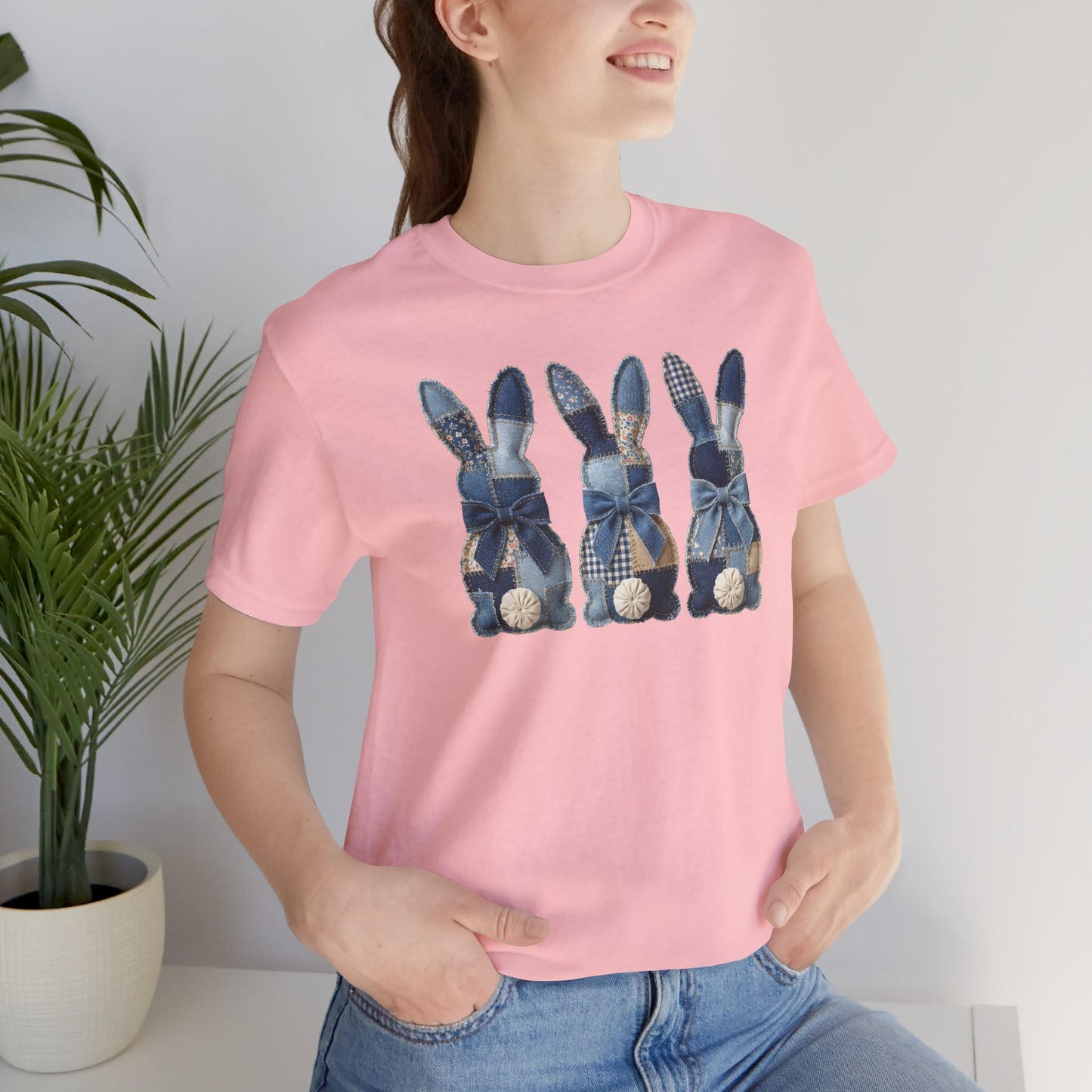 Denim Patch Easter Bunny Trio Rustic Spring Design T-shirt