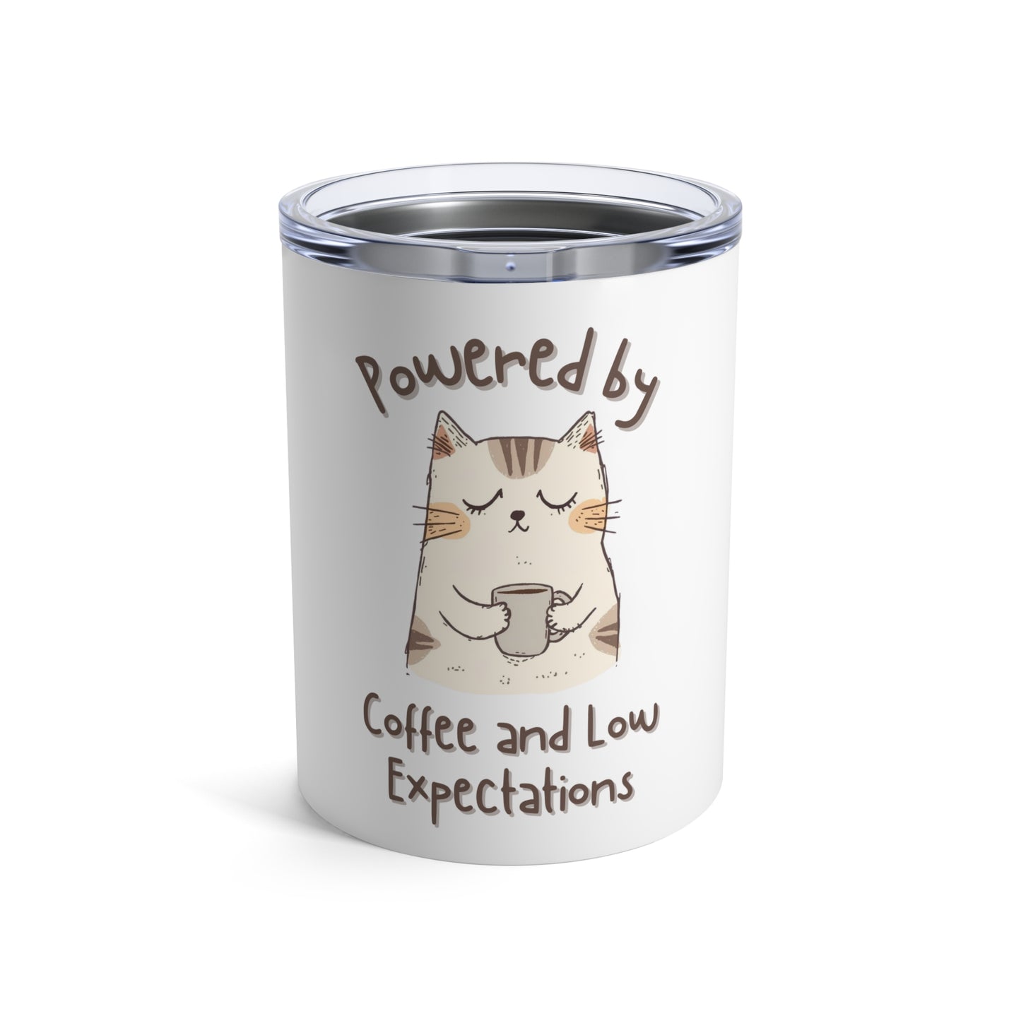 Powered by Coffee and Low Expectations Cute Cat Travel Mug - 10oz Stainless Steel Tumbler