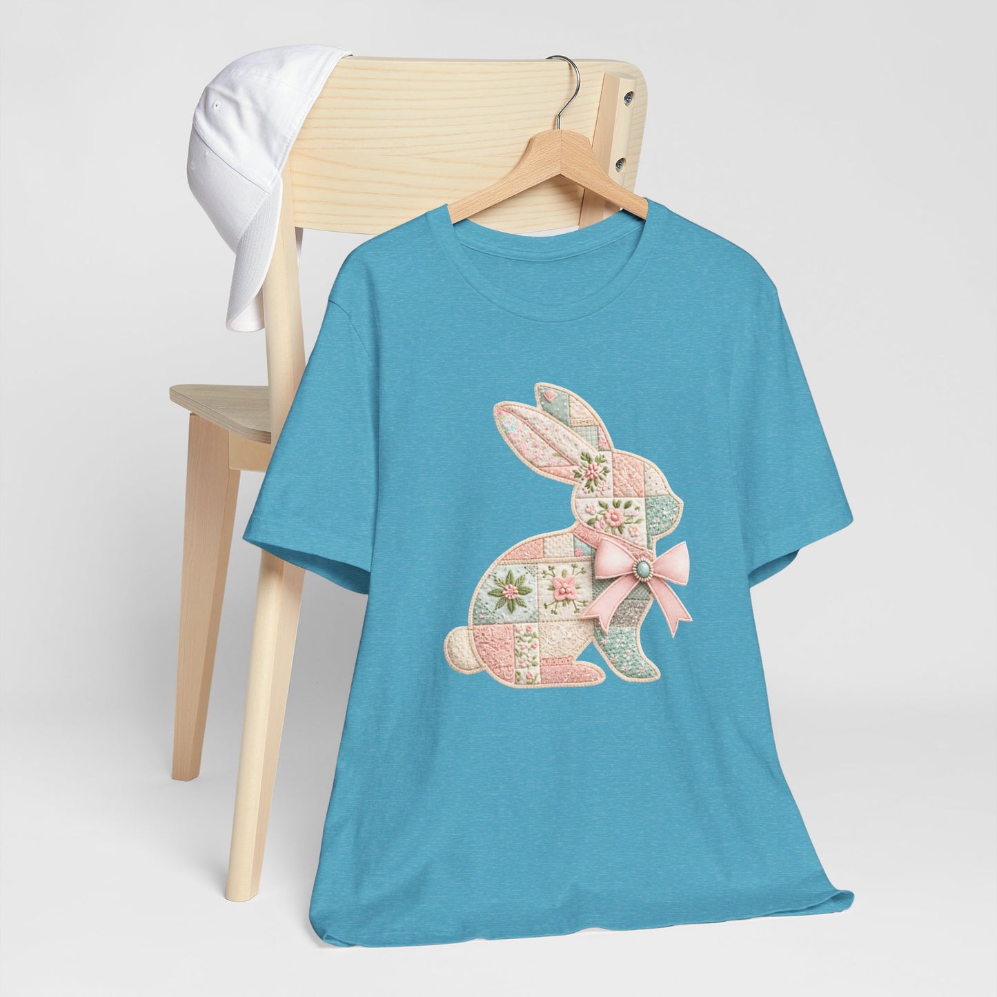 Pastel Patchwork Bunny with Satin Bow Spring Design Easter T-shirt