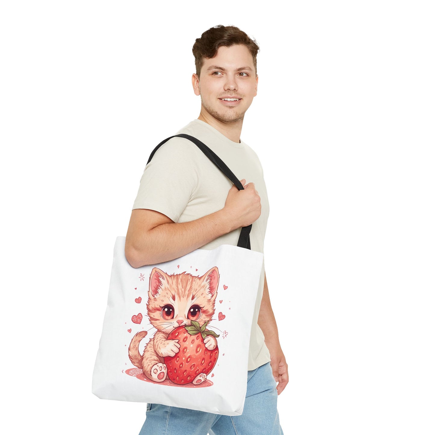 Strawberry Sweet Kitten Whimsical Cat Art Cotton Canvas Tote Bag