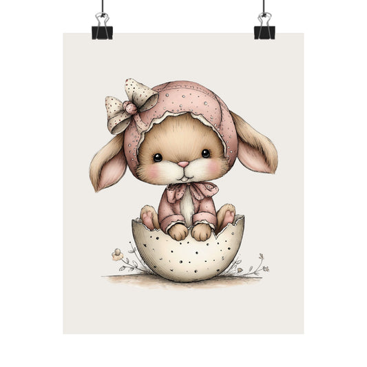 Baby Easter Bunny in Pink Bonnet Poster - Matte Nursery Wall Art