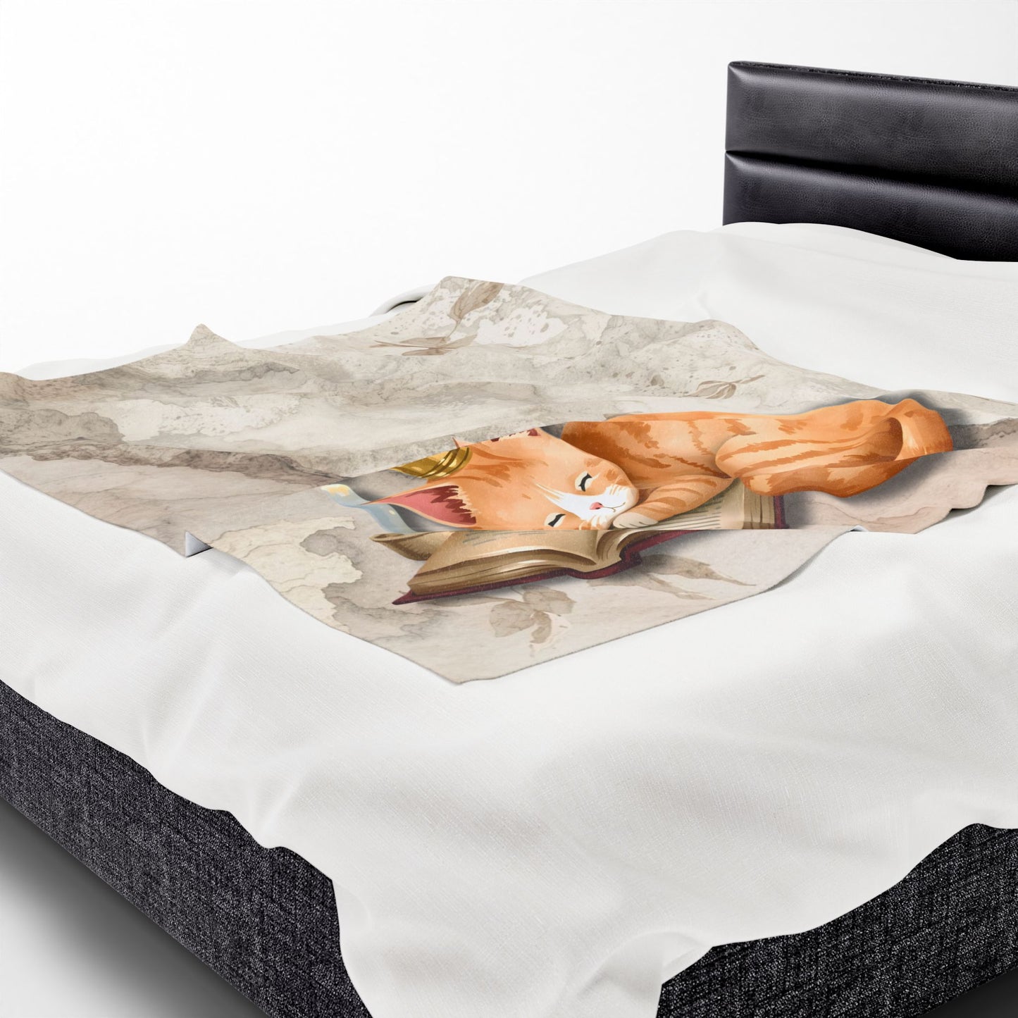 Once Upon a Nap Storybook Sleeping Cat Cozy Velveteen Blanket – Soft Neutral Cat Lover Home Decor Plush Throw