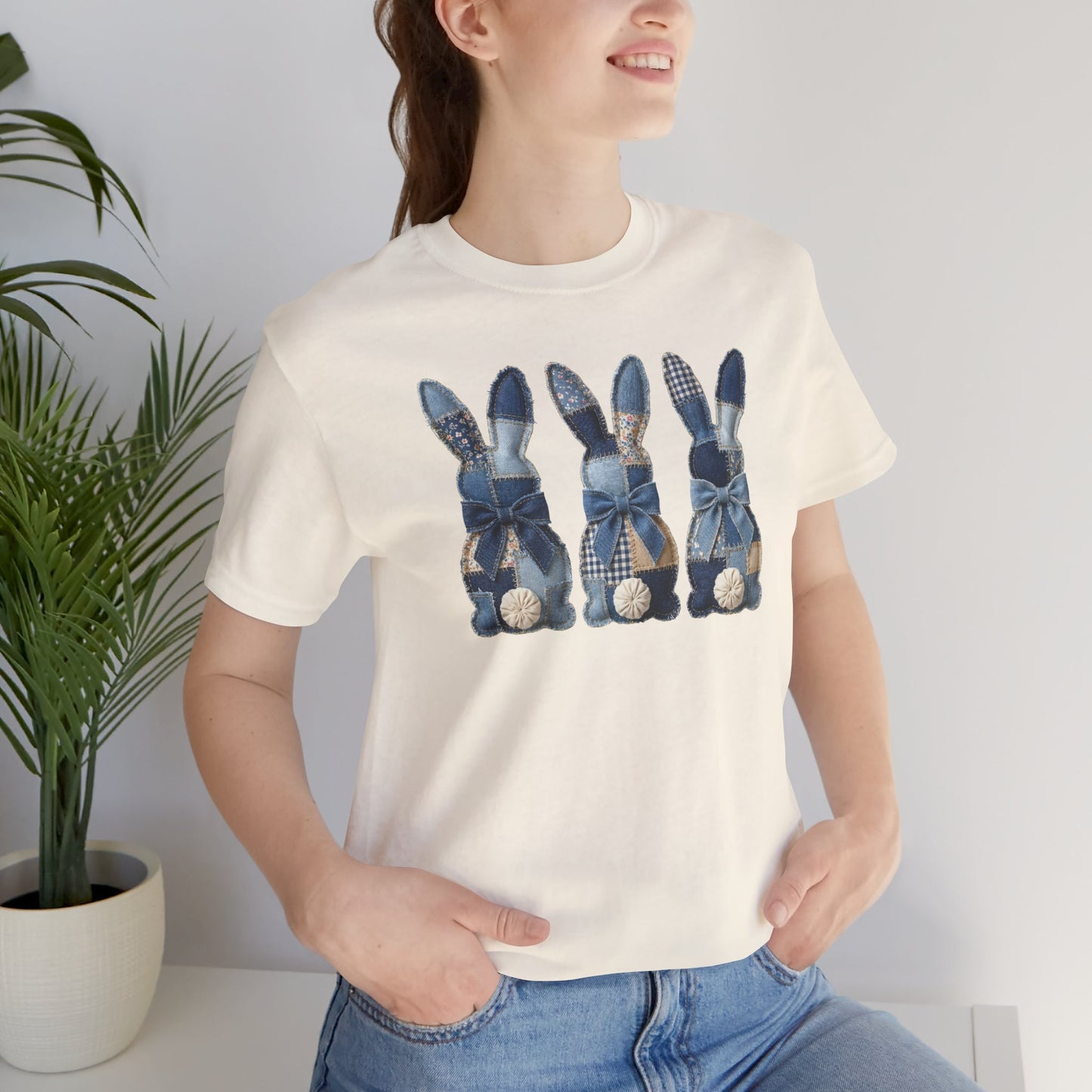 Denim Patch Easter Bunny Trio Rustic Spring Design T-shirt