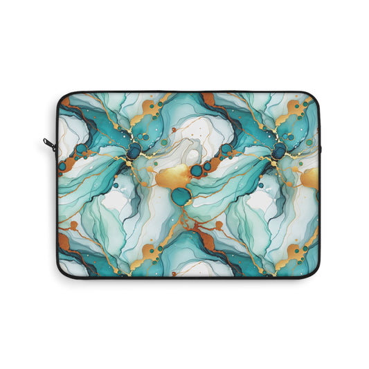 Abstract Teal & Gold Marble Laptop Sleeve - Modern Protective Laptop Case