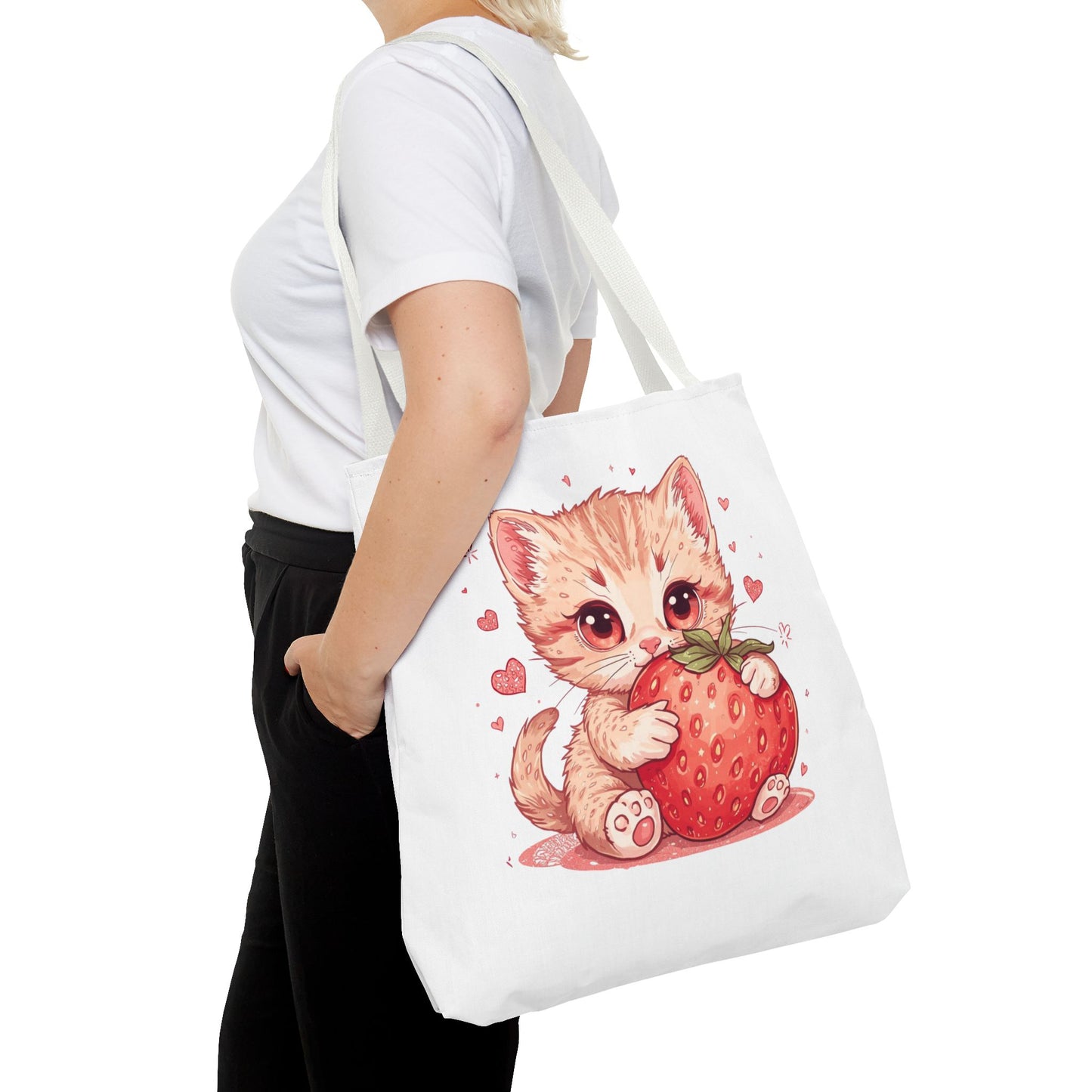 Strawberry Sweet Kitten Whimsical Cat Art Cotton Canvas Tote Bag