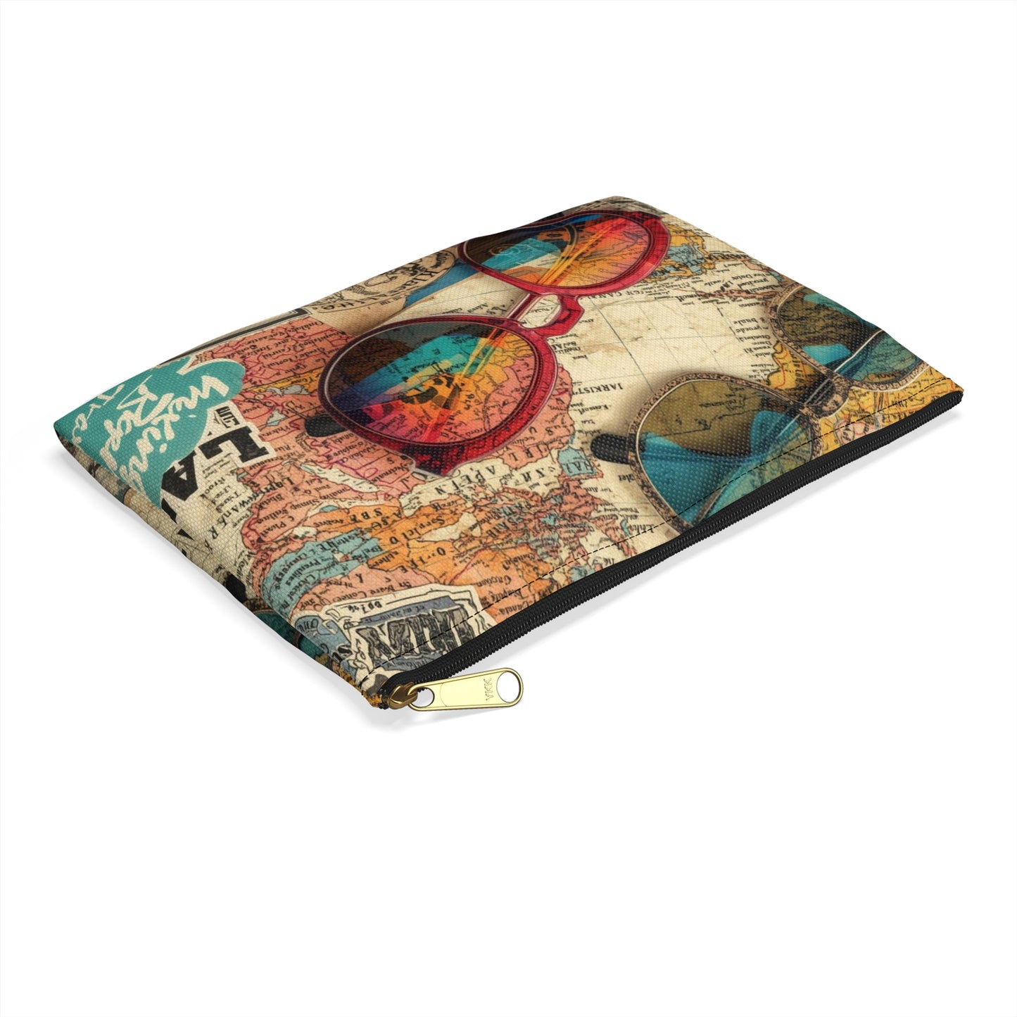 Retro Map & Sunglasses Adventure Travel & Passport Pouch